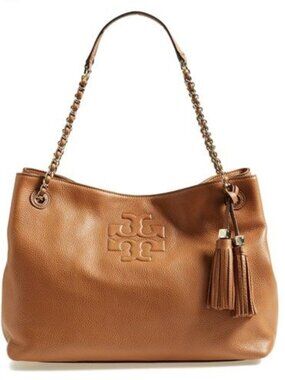 Authentic Pebbled Leather Thea Chain Slouchy Tote | Tory Burch | Camel